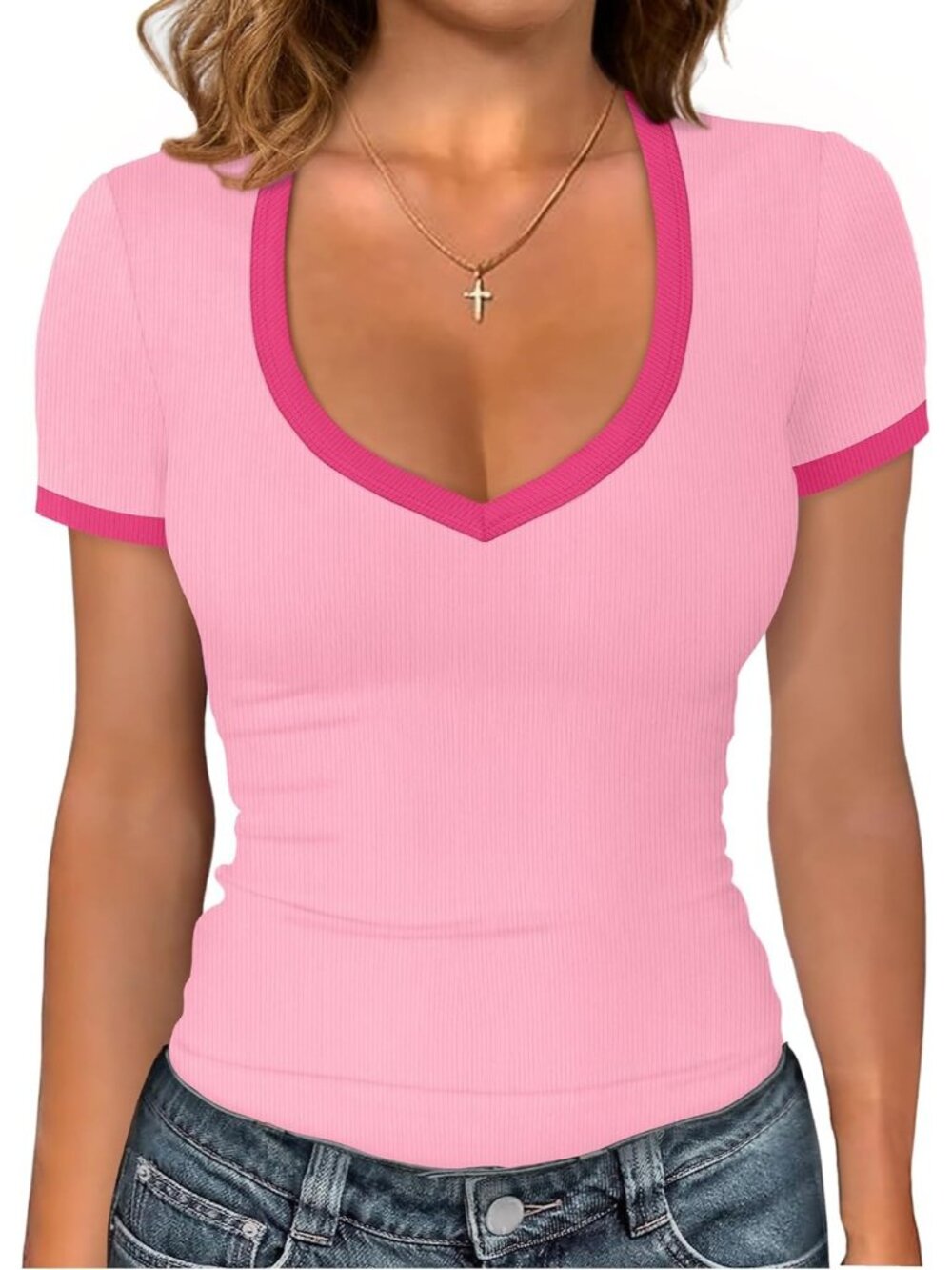 🆕Women's Pink Short Sleeve Shirts V Neck Summer Ribbed Slim Fit Spring